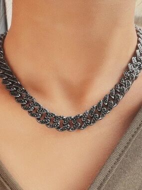 Black-Tone Cuban Link Necklace with Pavé Detailing